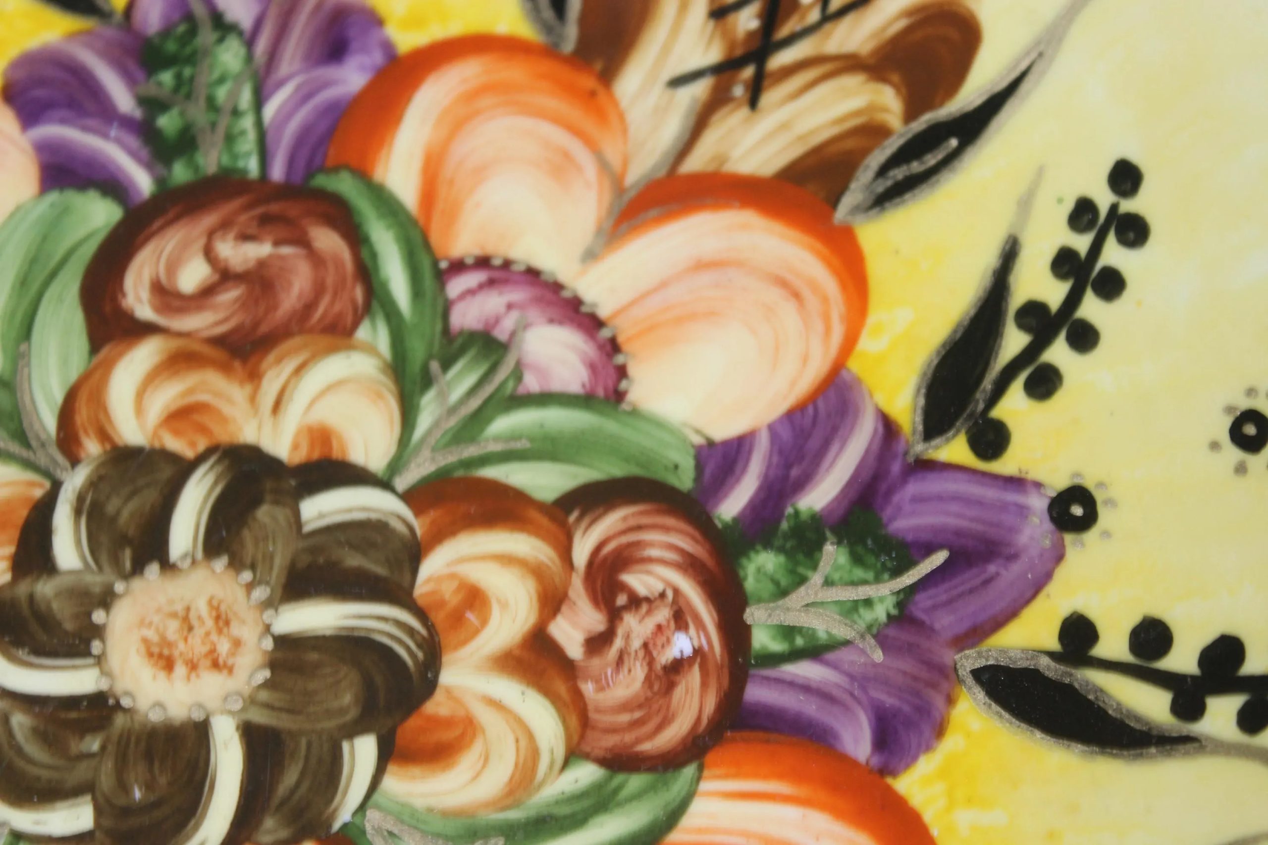 Retro round yellow floral ceramic decorative plate - View 7