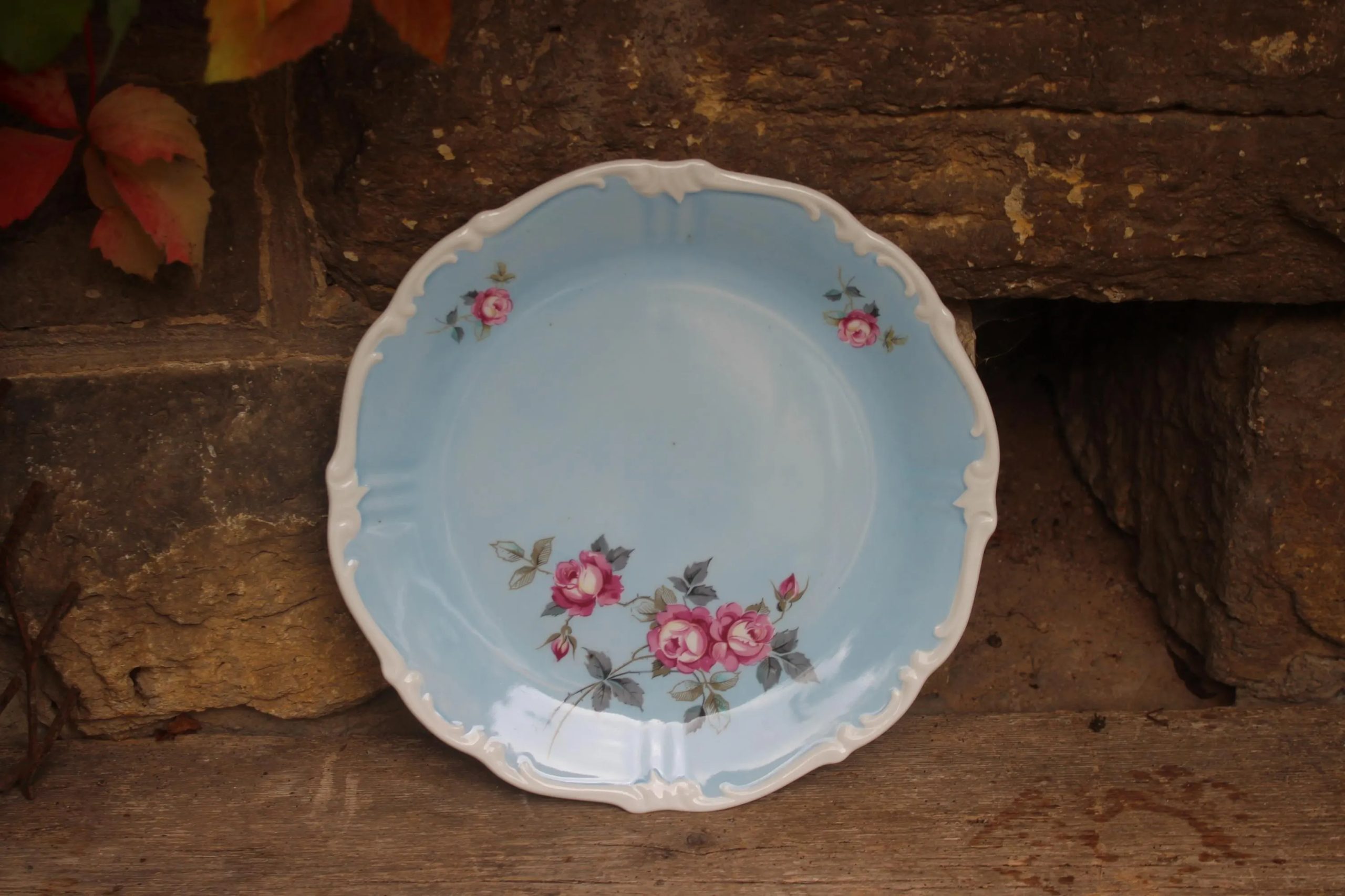 Vintage floral pink and blue rose ceramic plate - View 5