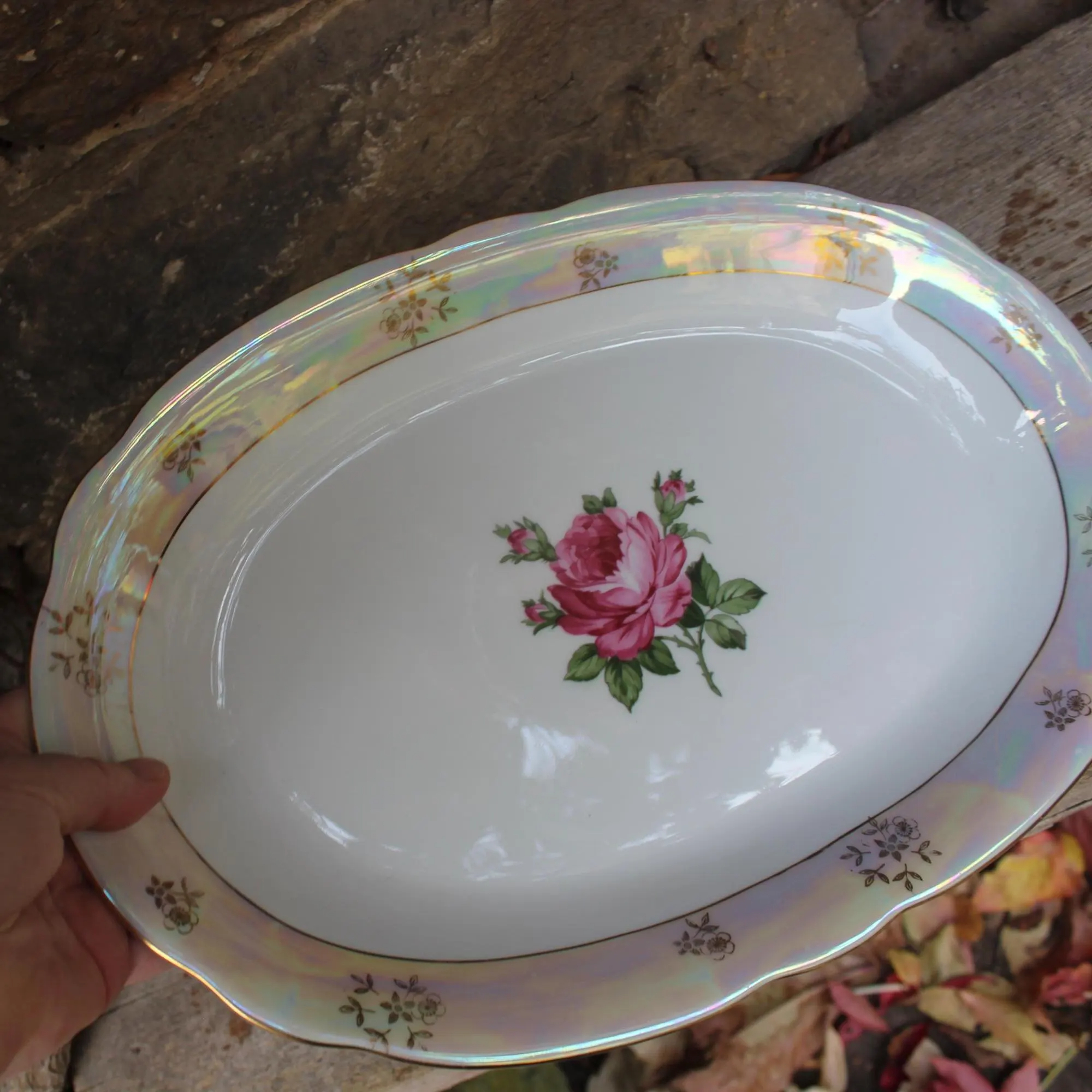 Pearl Rose Oval Ceramic Dinner Plate - View 5