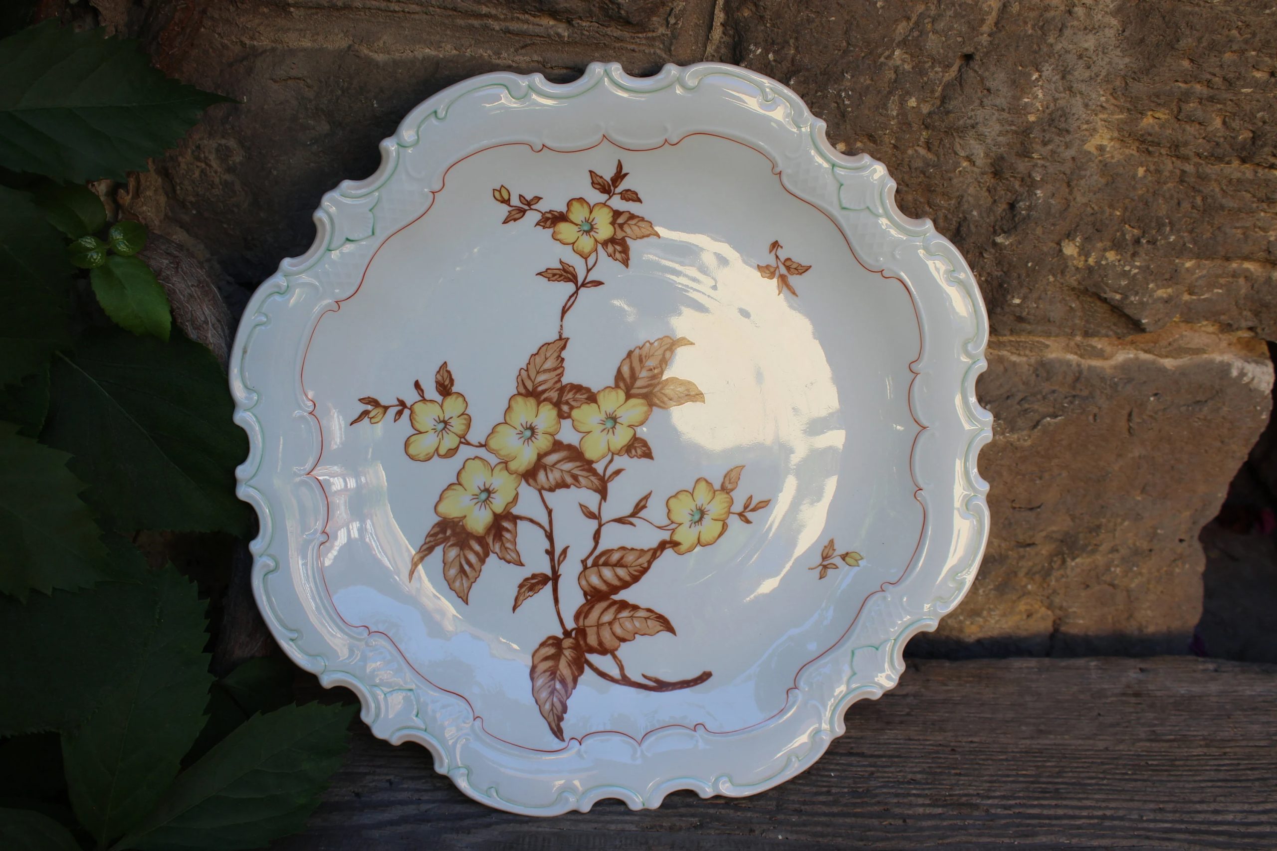 Romantic white floral ceramic dinner plate with plant relief