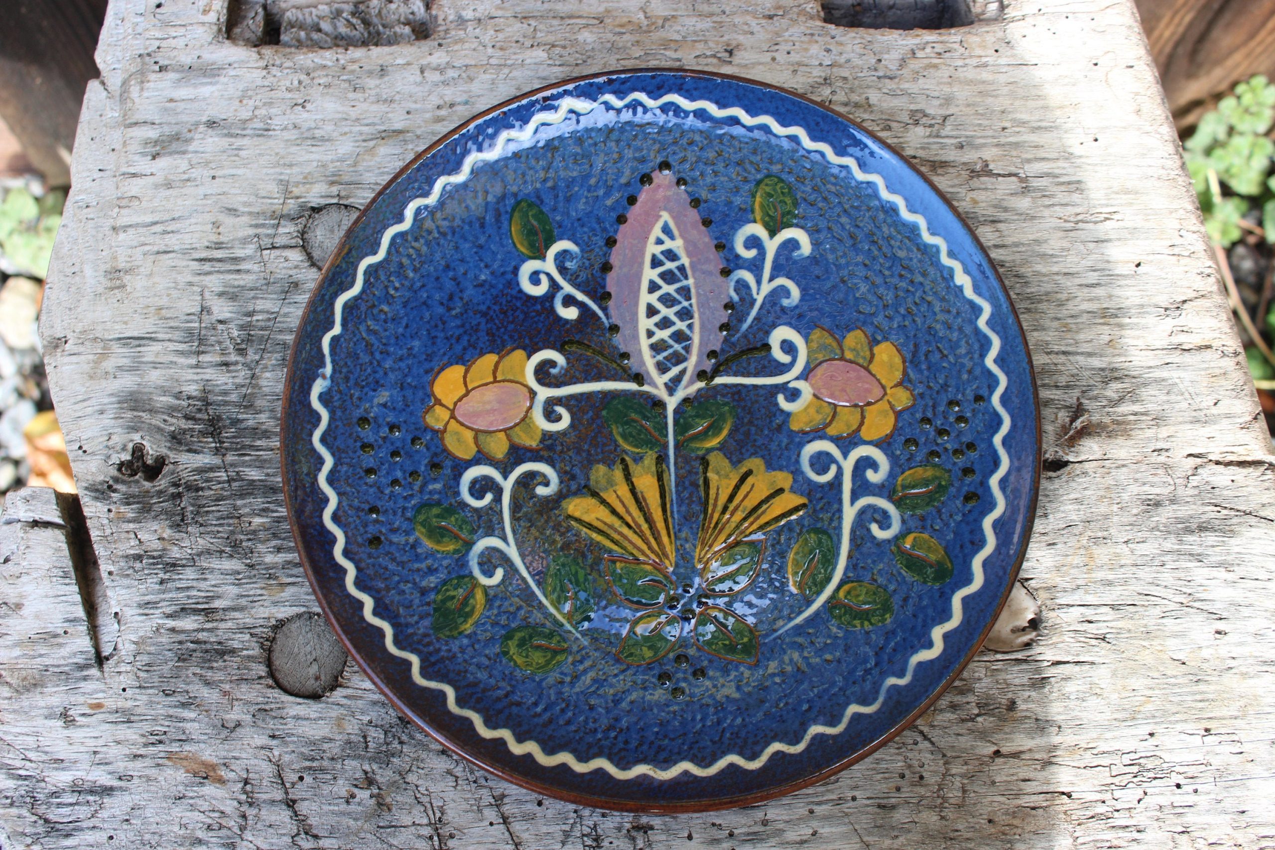 Blue Folk Art Floral Ceramic Plate - View 4