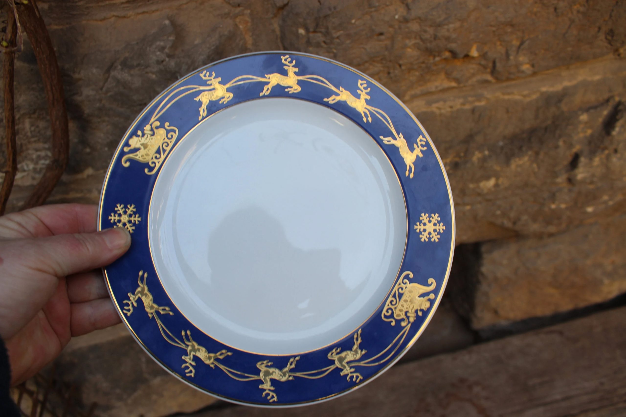 Retro Holiday Blue and Gold Reindeer Ceramic Plate - View 2